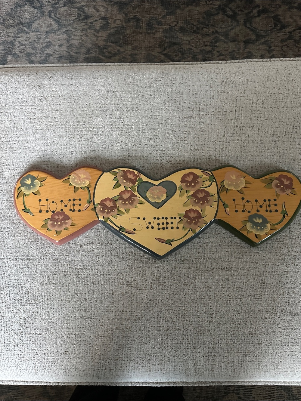 Vintage 1980s Hand-Painted Wooden 3-Heart Home Sweet Home Wall Plaque